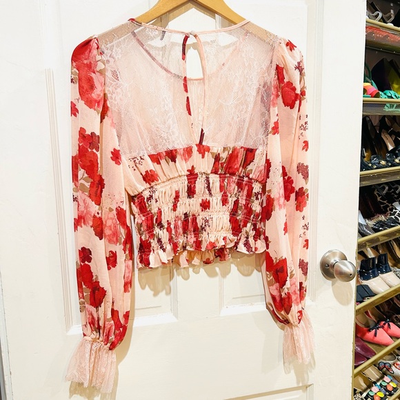 {Free People} "Daphne" Floral Lace Peplum Crop Peasant Blouse - Picture 9 of 13